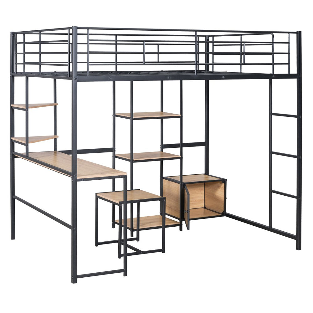 HomeRoots Black Loft Bed with Desk, Drawer & Cabinet - Stylish, Space-Saving Full Double Slat Wood & Metal Design 590313