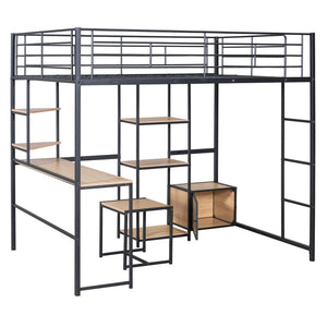 HomeRoots Black Loft Bed with Desk, Drawer & Cabinet - Stylish, Space-Saving Full Double Slat Wood & Metal Design 590313