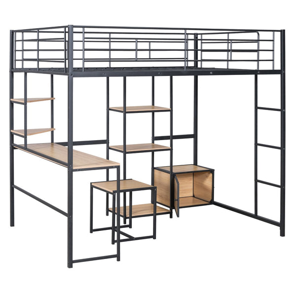 HomeRoots Black Loft Bed with Desk, Drawer & Cabinet - Stylish, Space-Saving Full Double Slat Wood & Metal Design 590313