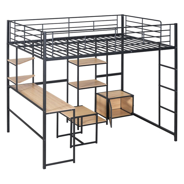 HomeRoots Black Loft Bed with Desk, Drawer & Cabinet - Stylish, Space-Saving Full Double Slat Wood & Metal Design 590313