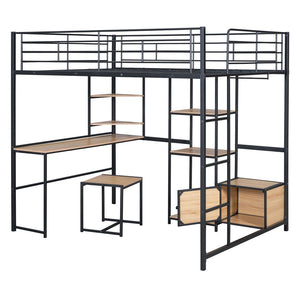 HomeRoots Black Loft Bed with Desk, Drawer & Cabinet - Stylish, Space-Saving Full Double Slat Wood & Metal Design 590313