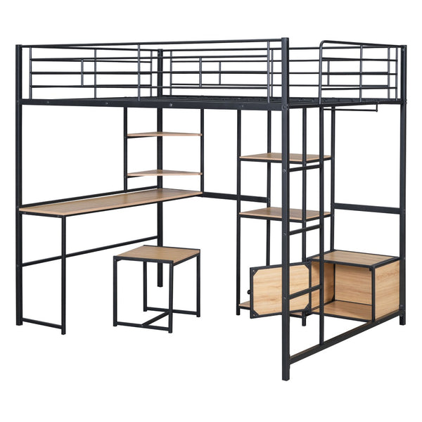 HomeRoots Black Loft Bed with Desk, Drawer & Cabinet - Stylish, Space-Saving Full Double Slat Wood & Metal Design 590313