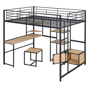 HomeRoots Black Loft Bed with Desk, Drawer & Cabinet - Stylish, Space-Saving Full Double Slat Wood & Metal Design 590313