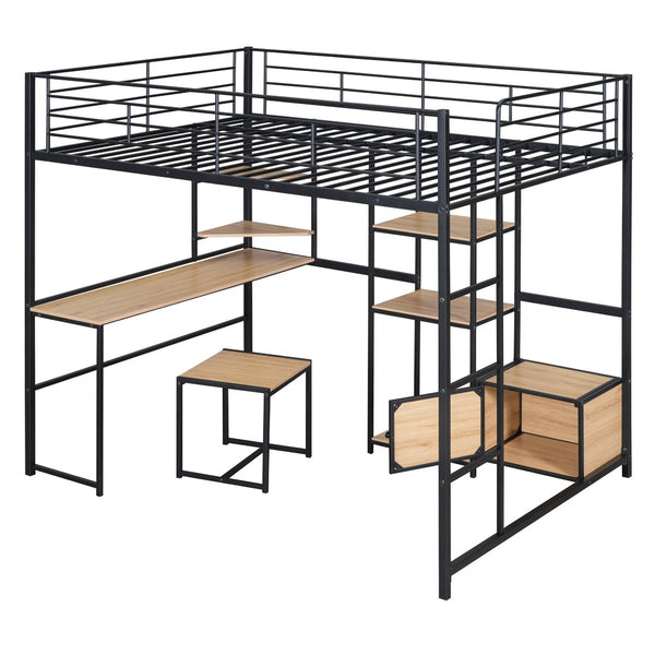 HomeRoots Black Loft Bed with Desk, Drawer & Cabinet - Stylish, Space-Saving Full Double Slat Wood & Metal Design 590313
