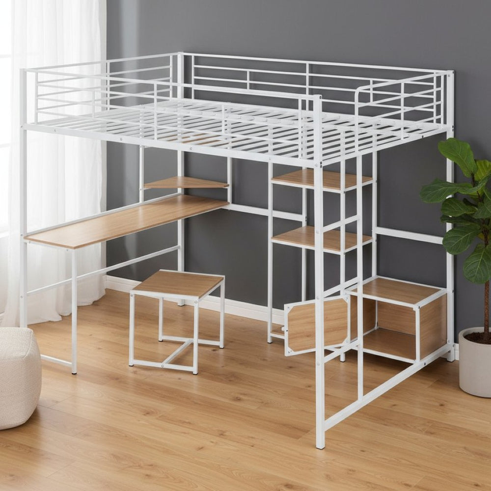 HomeRoots Natural Double Loft Bed with Desk, Drawer & Cabinet - Stylish Space-Saving Solution for Any Room 590314
