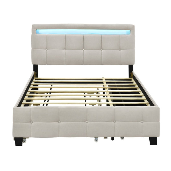 HomeRoots Beige Tufted Upholstered Queen Bed Frame with Trundle, USB Port, Drawers & Integrated Lighting 590315