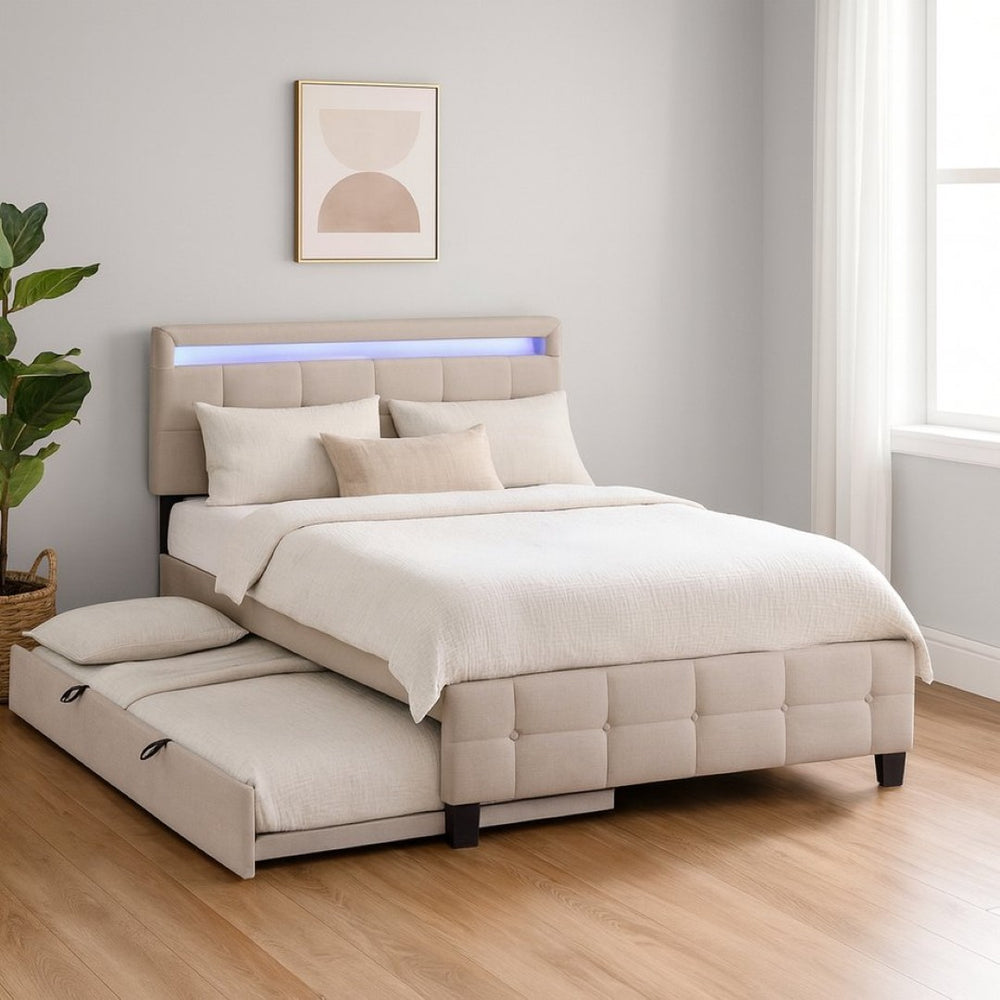 HomeRoots Beige Tufted Upholstered Queen Bed Frame with Trundle, USB Port, Drawers & Integrated Lighting 590315