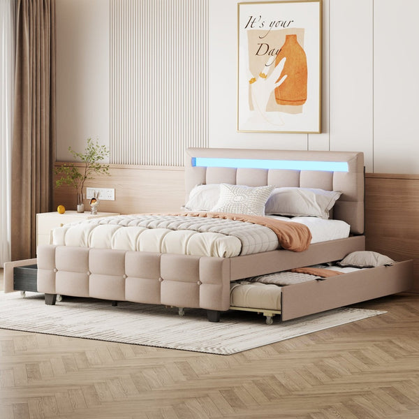 HomeRoots Beige Tufted Upholstered Queen Bed Frame with Trundle, USB Port, Drawers & Integrated Lighting 590315