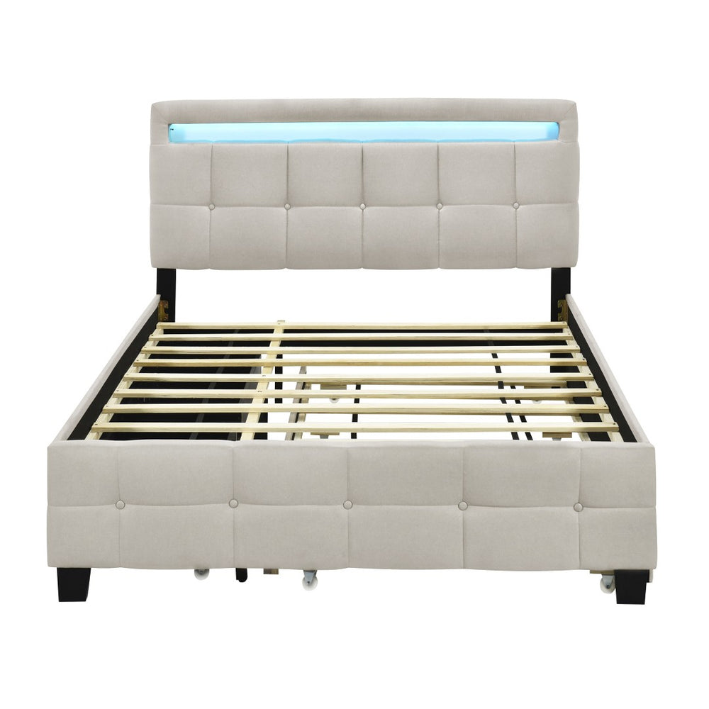 HomeRoots Beige Tufted Upholstered Queen Bed Frame with Trundle, USB Port, Drawers & Integrated Lighting 590315