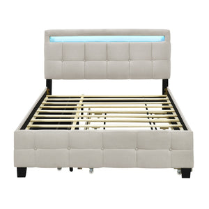 HomeRoots Beige Tufted Upholstered Queen Bed Frame with Trundle, USB Port, Drawers & Integrated Lighting 590315