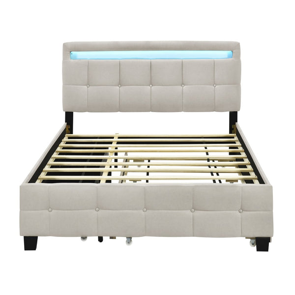 HomeRoots Beige Tufted Upholstered Queen Bed Frame with Trundle, USB Port, Drawers & Integrated Lighting 590315