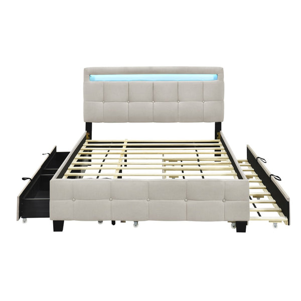 HomeRoots Beige Tufted Upholstered Queen Bed Frame with Trundle, USB Port, Drawers & Integrated Lighting 590315