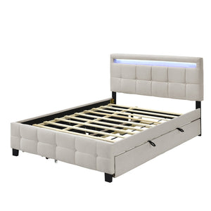 HomeRoots Beige Tufted Upholstered Queen Bed Frame with Trundle, USB Port, Drawers & Integrated Lighting 590315