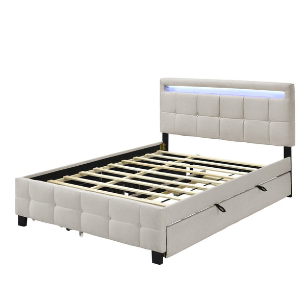 HomeRoots Beige Tufted Upholstered Queen Bed Frame with Trundle, USB Port, Drawers & Integrated Lighting 590315