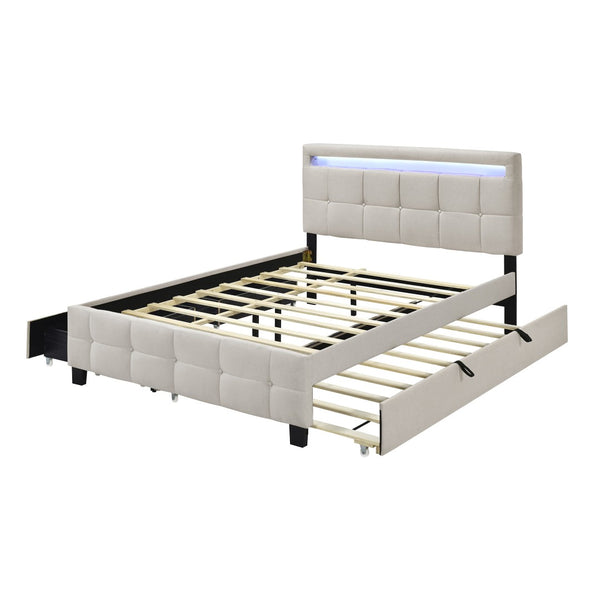 HomeRoots Beige Tufted Upholstered Queen Bed Frame with Trundle, USB Port, Drawers & Integrated Lighting 590315