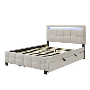 HomeRoots Beige Tufted Upholstered Queen Bed Frame with Trundle, USB Port, Drawers & Integrated Lighting 590315
