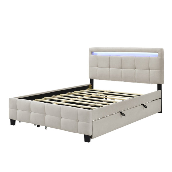 HomeRoots Beige Tufted Upholstered Queen Bed Frame with Trundle, USB Port, Drawers & Integrated Lighting 590315