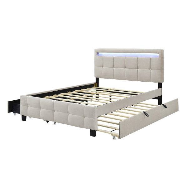 HomeRoots Beige Tufted Upholstered Queen Bed Frame with Trundle, USB Port, Drawers & Integrated Lighting 590315