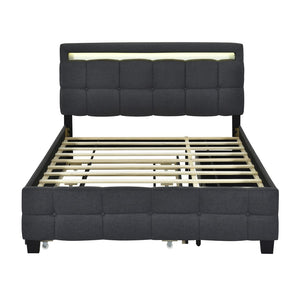 HomeRoots Black Tufted Upholstered Queen Bed Frame with Trundle, USB Ports, Drawers & Soft Lighting Features 590316