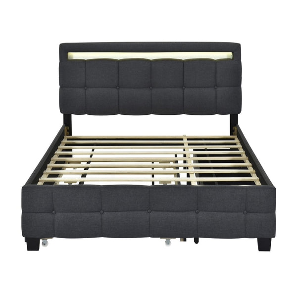 HomeRoots Black Tufted Upholstered Queen Bed Frame with Trundle, USB Ports, Drawers & Soft Lighting Features 590316