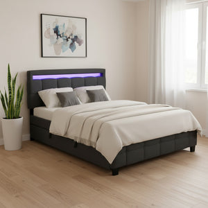 HomeRoots Black Tufted Upholstered Queen Bed Frame with Trundle, USB Ports, Drawers & Soft Lighting Features 590316