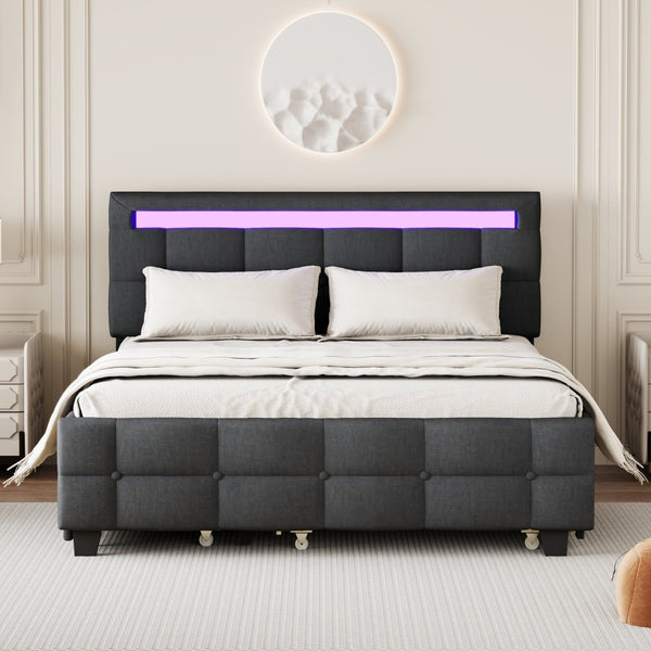 HomeRoots Black Tufted Upholstered Queen Bed Frame with Trundle, USB Ports, Drawers & Soft Lighting Features 590316