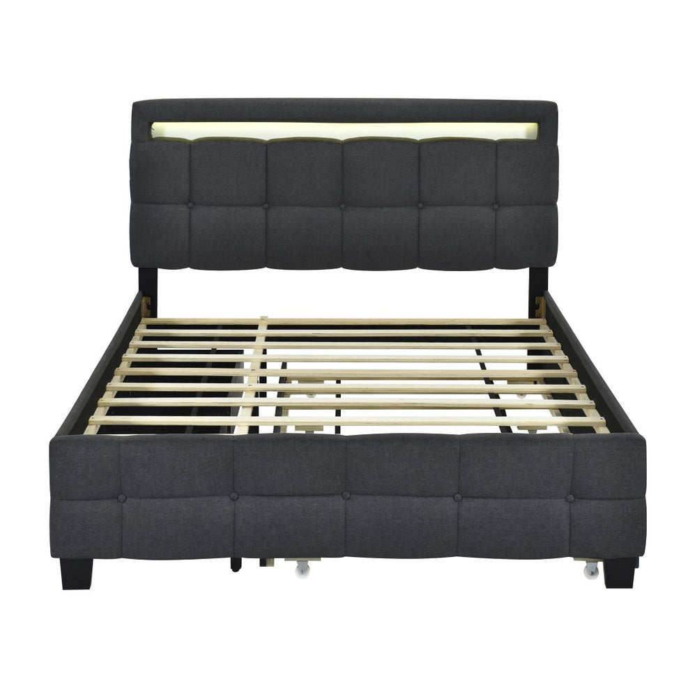 HomeRoots Black Tufted Upholstered Queen Bed Frame with Trundle, USB Ports, Drawers & Soft Lighting Features 590316