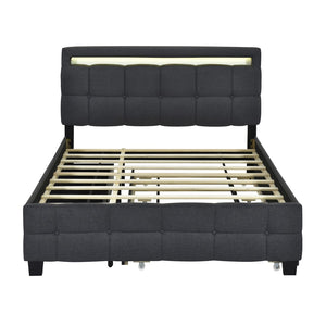 HomeRoots Black Tufted Upholstered Queen Bed Frame with Trundle, USB Ports, Drawers & Soft Lighting Features 590316