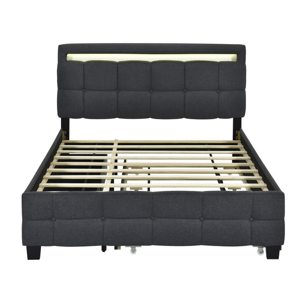 HomeRoots Black Tufted Upholstered Queen Bed Frame with Trundle, USB Ports, Drawers & Soft Lighting Features 590316