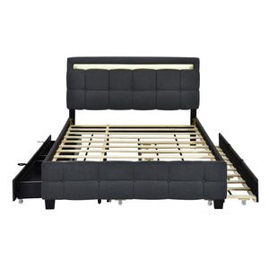 HomeRoots Black Tufted Upholstered Queen Bed Frame with Trundle, USB Ports, Drawers & Soft Lighting Features 590316