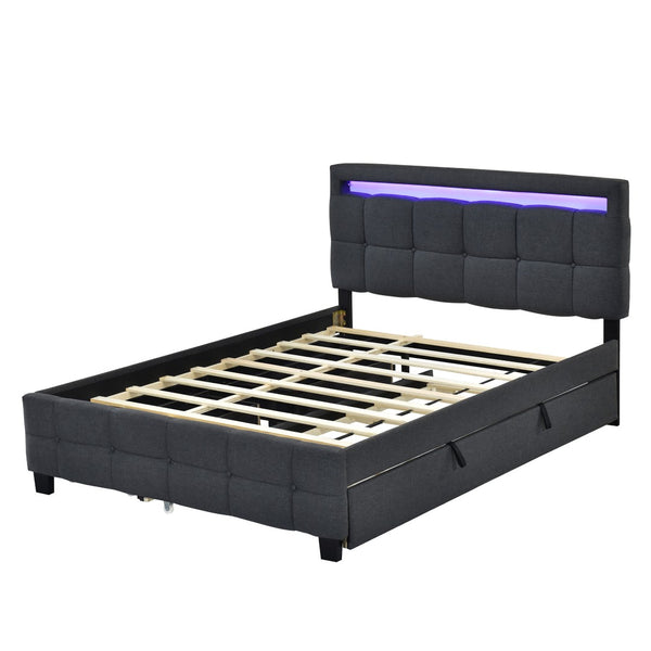 HomeRoots Black Tufted Upholstered Queen Bed Frame with Trundle, USB Ports, Drawers & Soft Lighting Features 590316