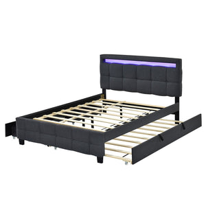 HomeRoots Black Tufted Upholstered Queen Bed Frame with Trundle, USB Ports, Drawers & Soft Lighting Features 590316