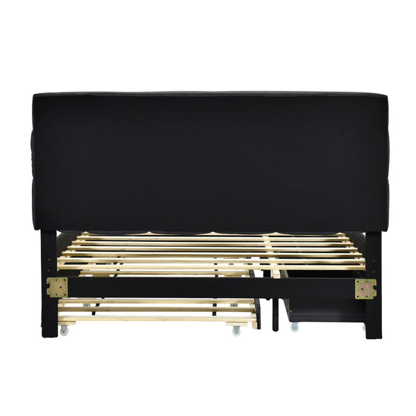 HomeRoots Black Tufted Upholstered Queen Bed Frame with Trundle, USB Ports, Drawers & Soft Lighting Features 590316