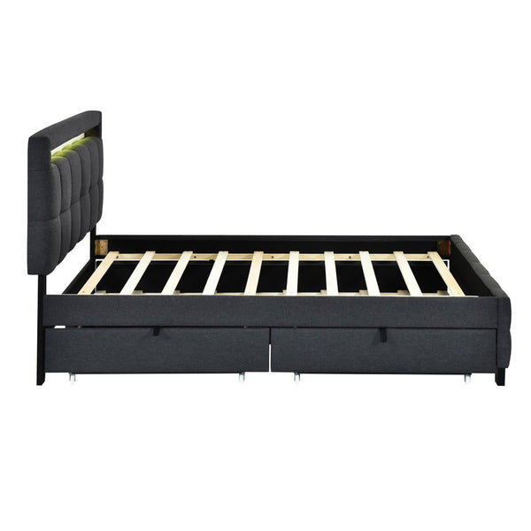 HomeRoots Black Tufted Upholstered Queen Bed Frame with Trundle, USB Ports, Drawers & Soft Lighting Features 590316