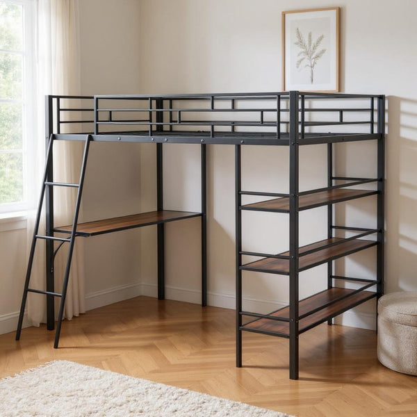 HomeRoots Black Loft Bed with Integrated Desk & Shelving - Space-Saving Full Double Design in Stylish Finish 590319