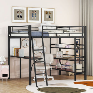 HomeRoots Black Loft Bed with Integrated Desk & Shelving - Space-Saving Full Double Design in Stylish Finish 590319