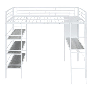 HomeRoots Natural Loft Bed with Desk & Shelves - Space-Saving Full Double Design in White & Wood Finish 590320