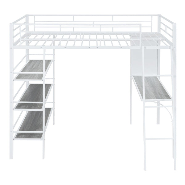 HomeRoots Natural Loft Bed with Desk & Shelves - Space-Saving Full Double Design in White & Wood Finish 590320