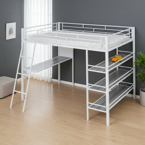 HomeRoots Natural Loft Bed with Desk & Shelves - Space-Saving Full Double Design in White & Wood Finish 590320