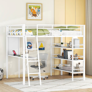 HomeRoots Natural Loft Bed with Desk & Shelves - Space-Saving Full Double Design in White & Wood Finish 590320