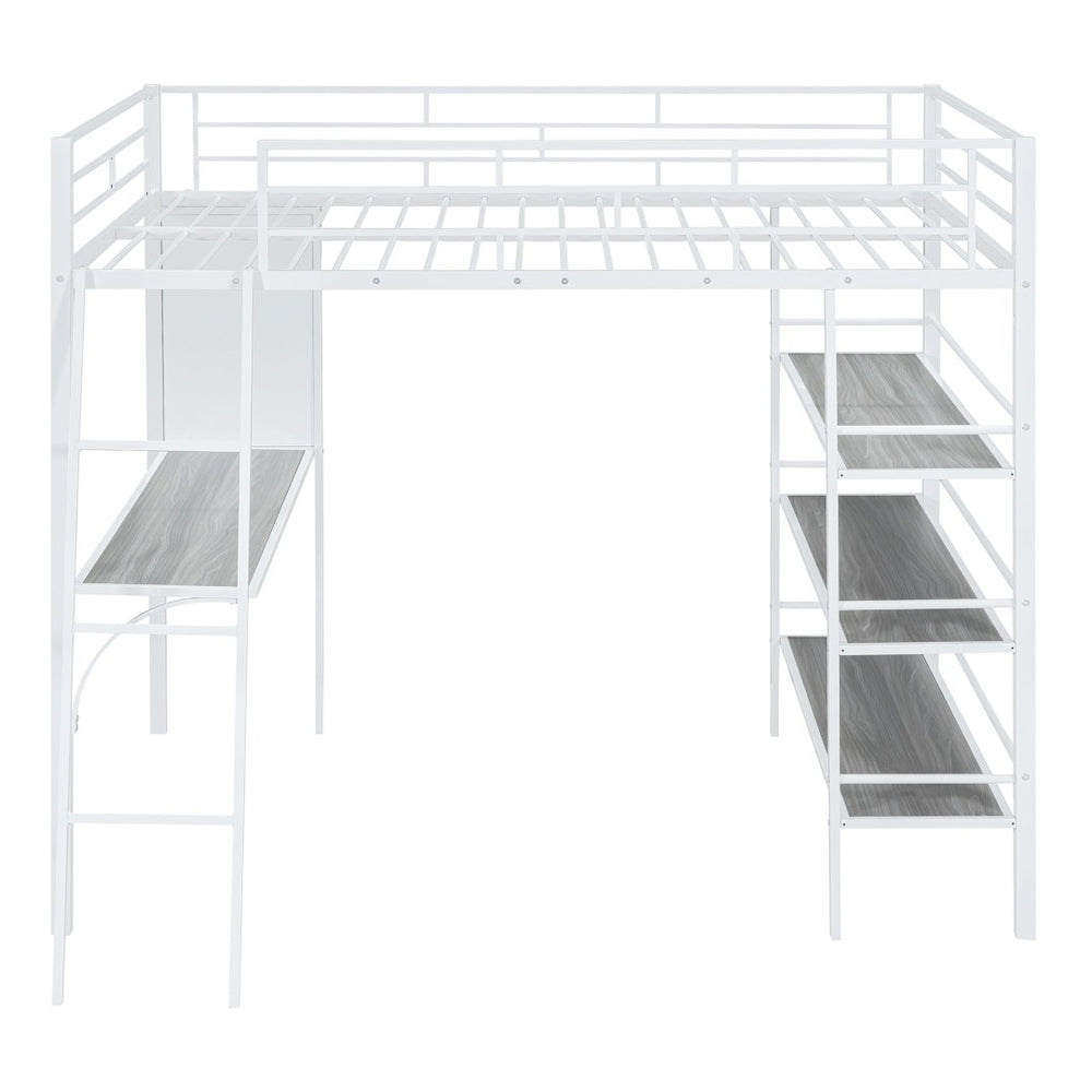 HomeRoots Natural Loft Bed with Desk & Shelves - Space-Saving Full Double Design in White & Wood Finish 590320