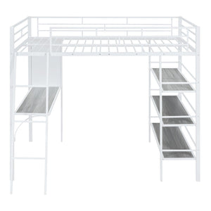 HomeRoots Natural Loft Bed with Desk & Shelves - Space-Saving Full Double Design in White & Wood Finish 590320