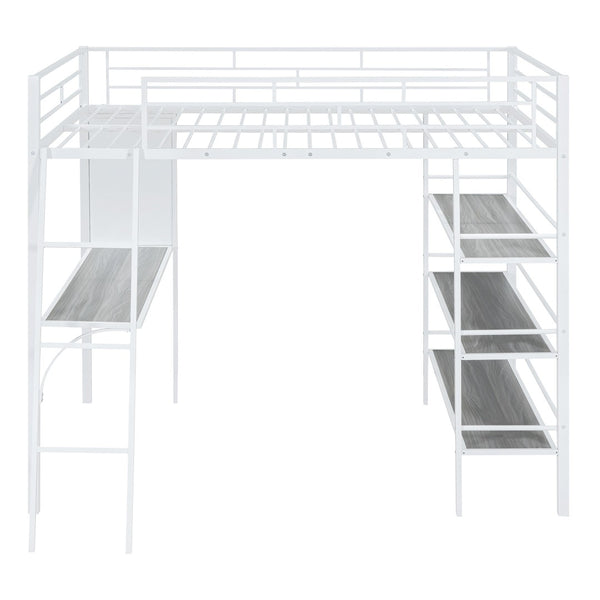 HomeRoots Natural Loft Bed with Desk & Shelves - Space-Saving Full Double Design in White & Wood Finish 590320