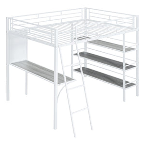 HomeRoots Natural Loft Bed with Desk & Shelves - Space-Saving Full Double Design in White & Wood Finish 590320