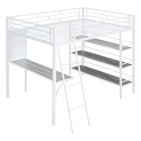 HomeRoots Natural Loft Bed with Desk & Shelves - Space-Saving Full Double Design in White & Wood Finish 590320