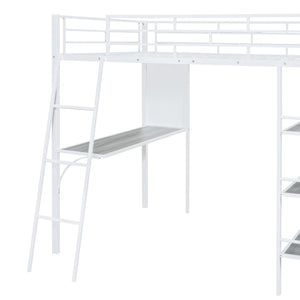 HomeRoots Natural Loft Bed with Desk & Shelves - Space-Saving Full Double Design in White & Wood Finish 590320