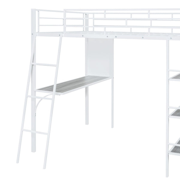 HomeRoots Natural Loft Bed with Desk & Shelves - Space-Saving Full Double Design in White & Wood Finish 590320