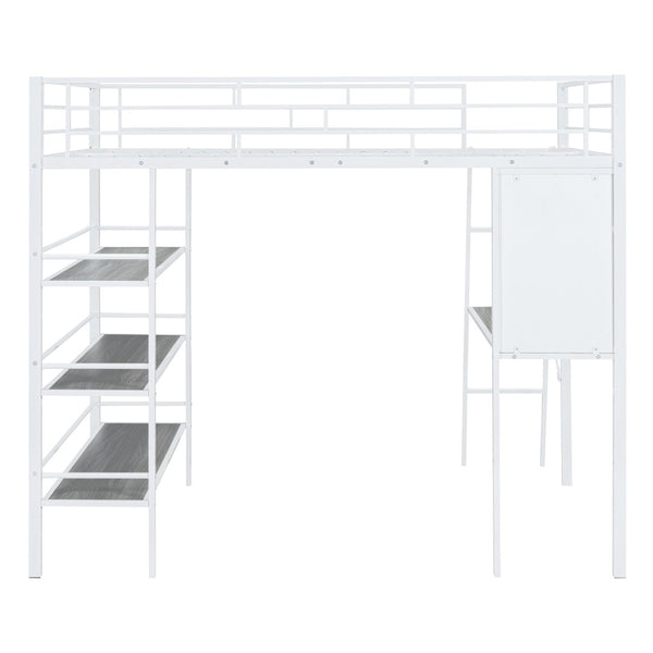 HomeRoots Natural Loft Bed with Desk & Shelves - Space-Saving Full Double Design in White & Wood Finish 590320