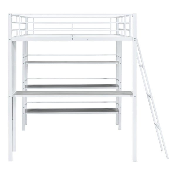 HomeRoots Natural Loft Bed with Desk & Shelves - Space-Saving Full Double Design in White & Wood Finish 590320