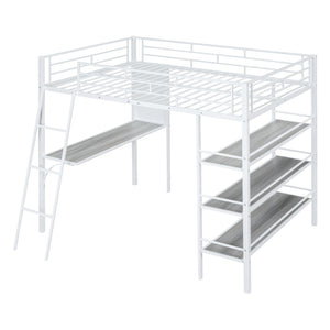 HomeRoots Natural Loft Bed with Desk & Shelves - Space-Saving Full Double Design in White & Wood Finish 590320